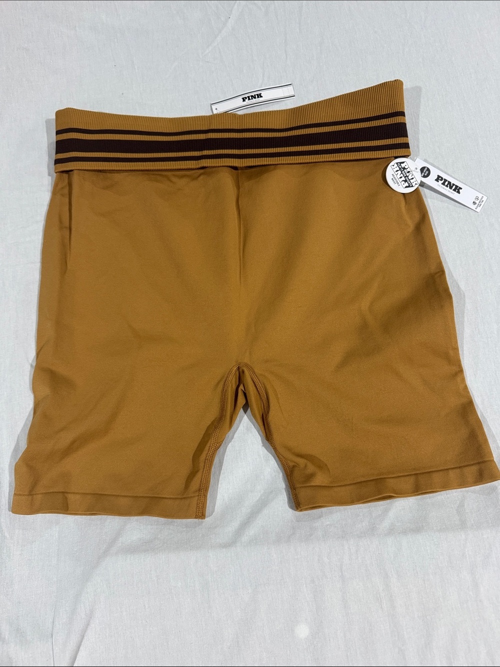 PINK Victoria's Secret Mustard Brown Striped Waist Bike Shorts